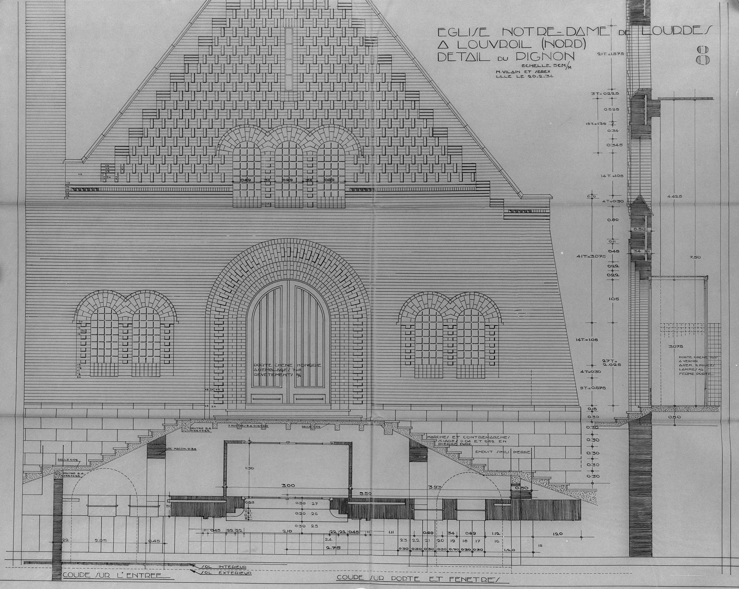 Projet retenu, détail du pignon. Crayon sur calque des architectes Paul Vilain (1860-1933) et Charles-Paul Serex (1899-1978), Lille, 20 février 1934 (AD Nord ; fonds Vilain, 67J903).