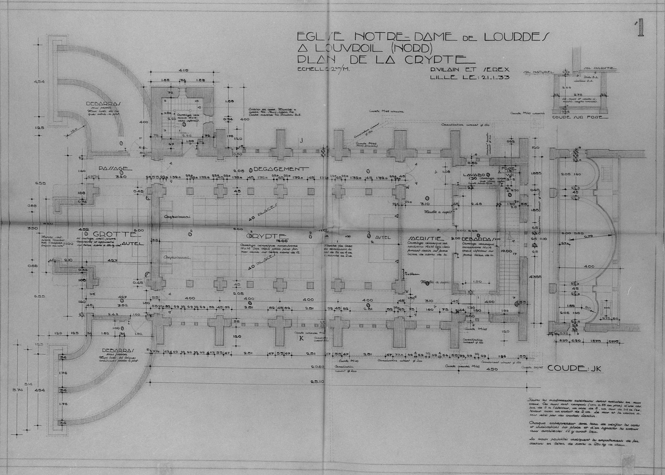 Projet retenu, plan de la crypte. Crayon sur calque des architectes Paul Vilain (1860-1933) et Charles-Paul Serex (1899-1978), Lille, 21 janvier 1933 (AD Nord ; fonds Vilain, 67J903).