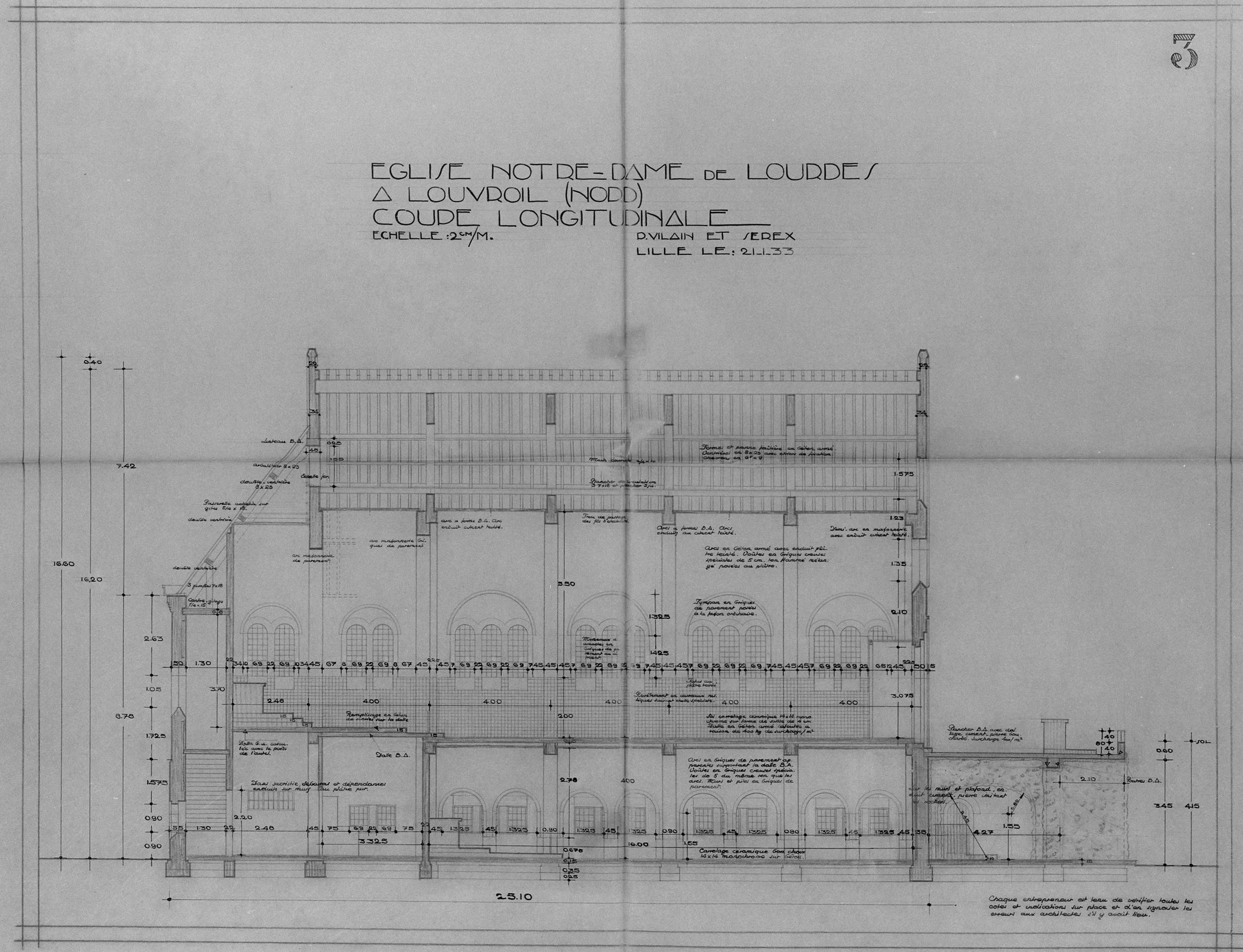 Projet retenu, coupe longitudinale. Crayon sur calque des architectes Paul Vilain (1860-1933) et Charles-Paul Serex (1899-1978), Lille, 21 janvier 1933 (AD Nord ; fonds Vilain, 67J903).