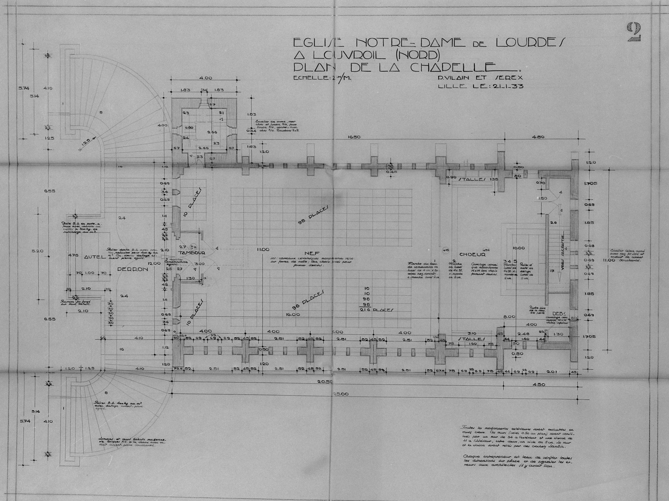 Projet retenu, plan de la chapelle. Crayon sur calque des architectes Paul Vilain (1860-1933) et Charles-Paul Serex (1899-1978), Lille, 21 janvier 1933 (AD Nord ; fonds Vilain, 67J903).