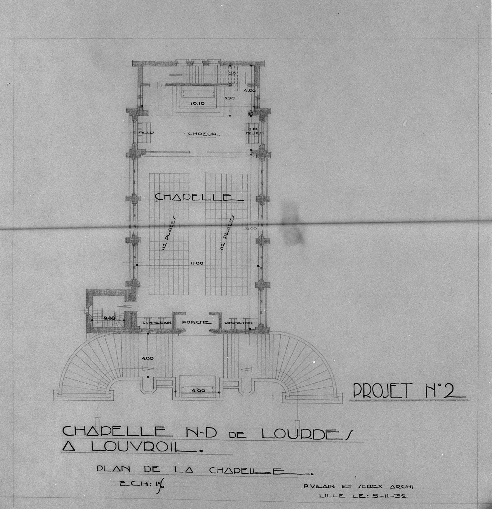 Projet n° 2, plan. Crayon sur calque des architectes Paul Vilain (1860-1933) et Charles-Paul Serex (1899-1978), Lille, 5 novembre 1932 (AD Nord ; fonds Vilain, 67J903).