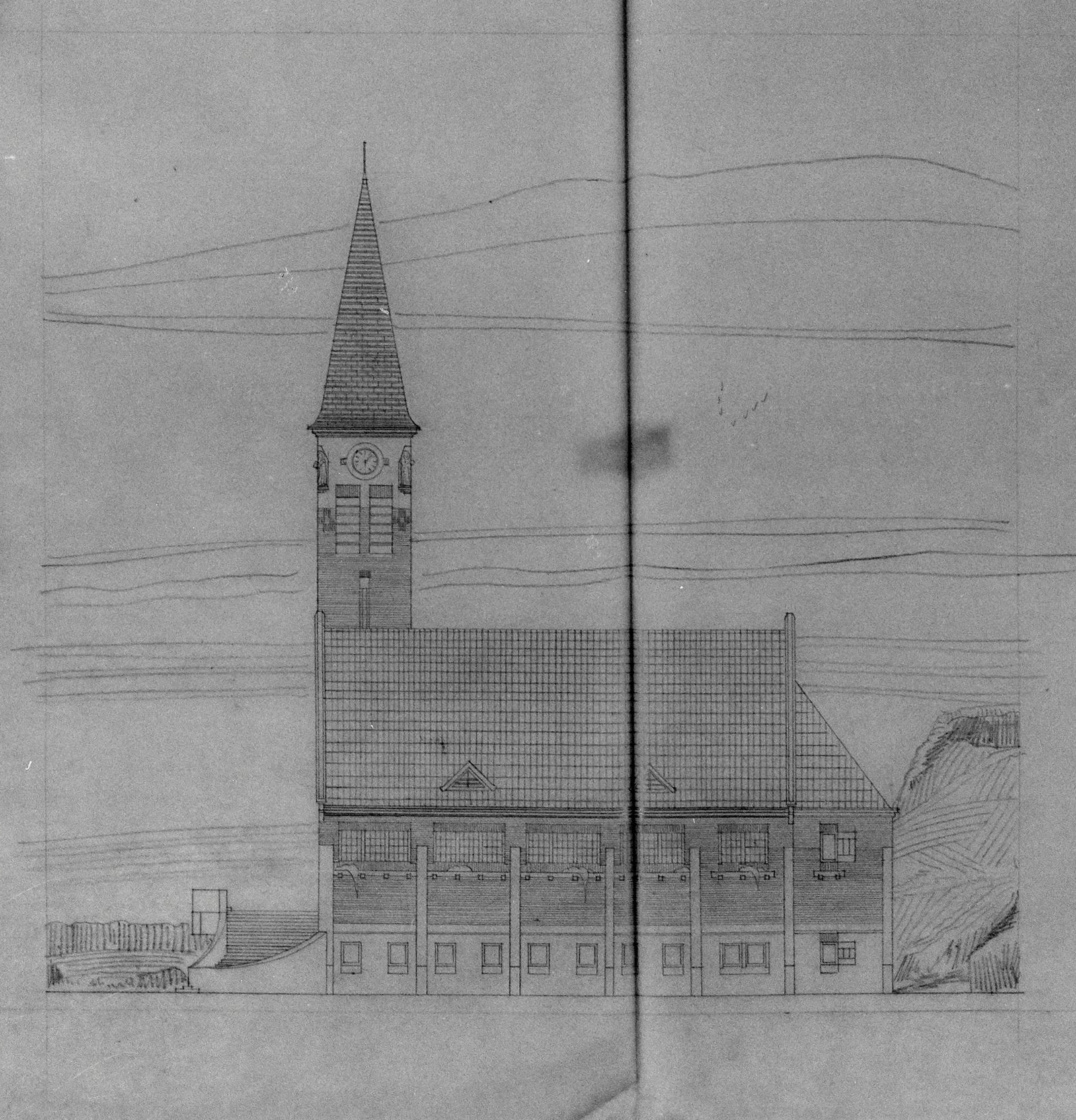 Projet de chapelle, élévation latérale. Crayon sur calque, sans signature ni date (AD Nord ; fonds Vilain, 67J903).