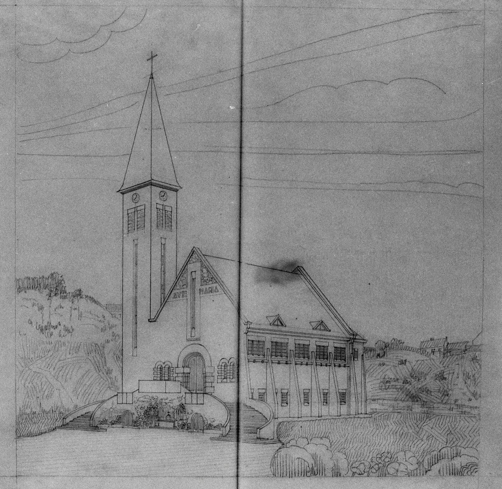 Projet de chapelle, élévation antérieure de trois quarts. Crayon sur calque, sans signature ni date (AD Nord ; fonds Vilain, 67J903).