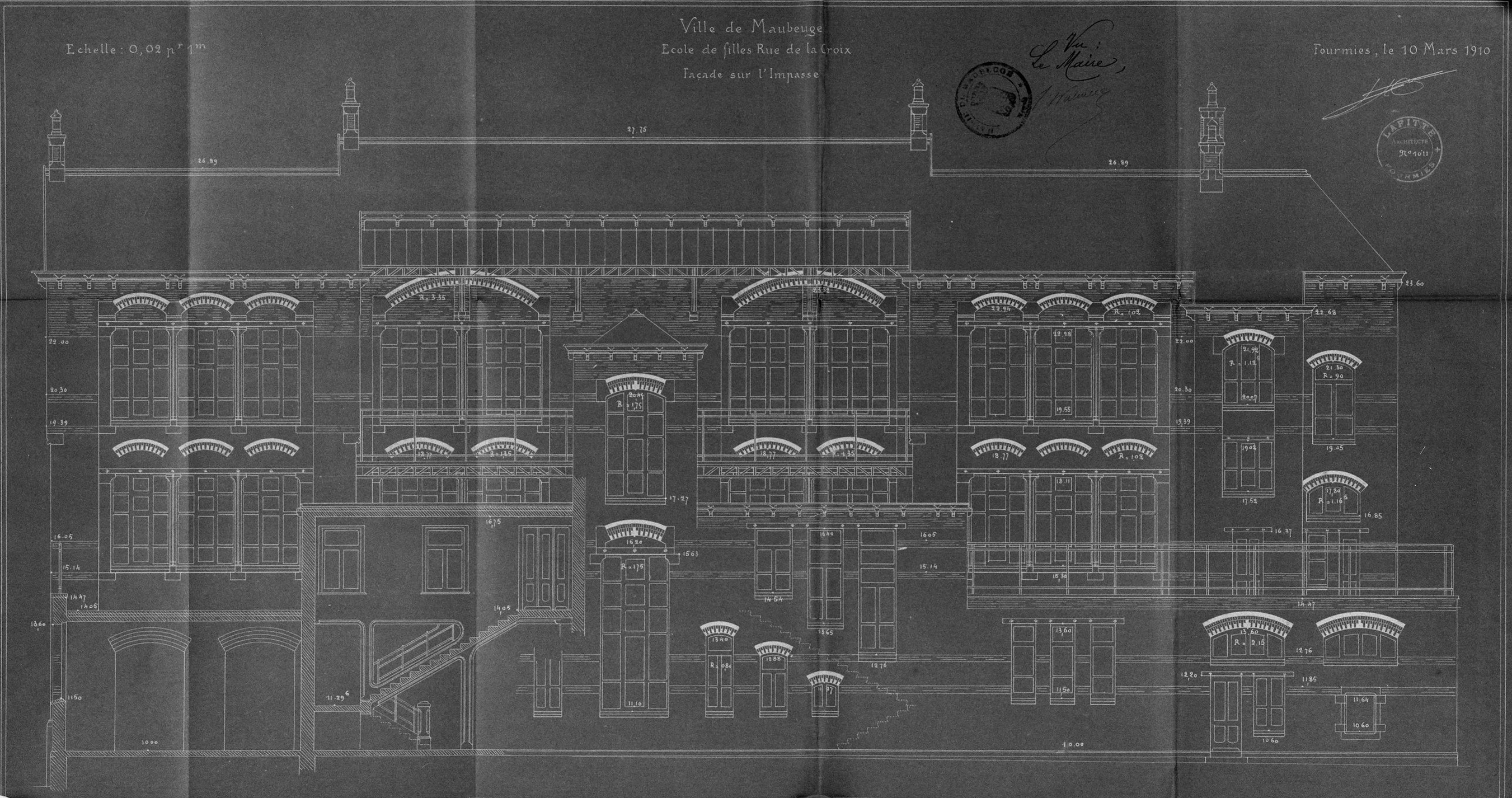 Élévation sur l'impasse de l'école primaire par Jean Lafitte (1853-1928) (architecte), 10 mars 1910 (AD Nord, série O ; 396/203).