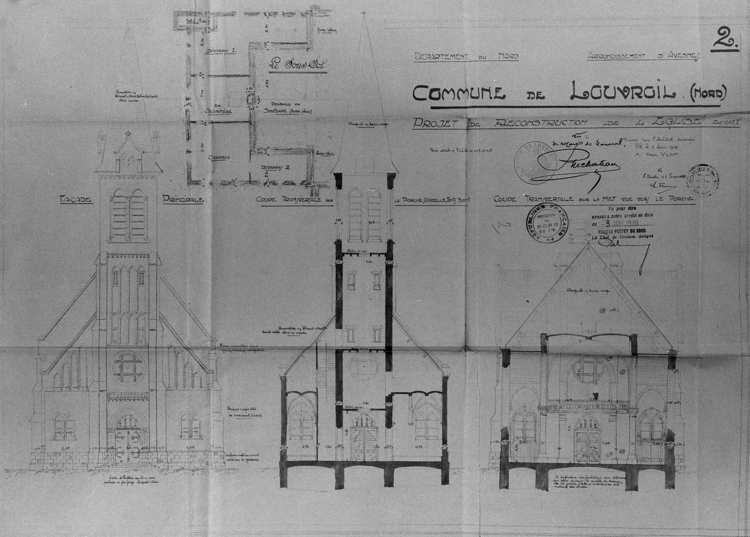 Élévation antérieure et coupes par Paul Vilain (1860-1933), architecte, aout 1929 (AD Nord ; O371/148).