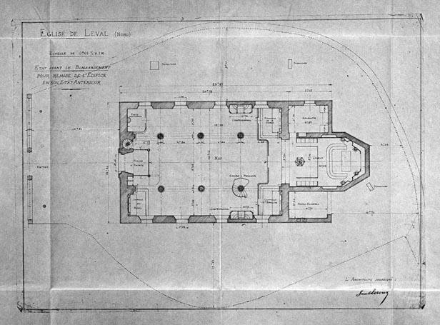 Plan de l'église paroissiale Saint-Saulve avant son bombardement, en vue de sa remise en état. Paul Leroux (architecte), sans date (AD Nord ; O349/96).