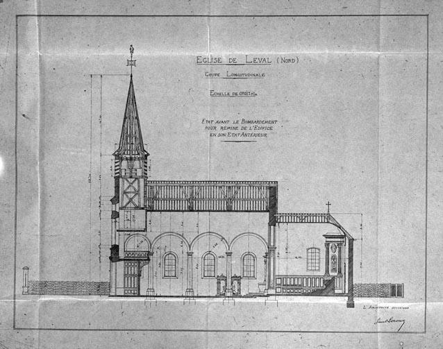 Coupe longitudinale de l'église paroissiale Saint-Saulve avant son bombardement, en vue de sa remise en état. Plan de Paul Leroux (architecte), sans date (AD Nord, O349/96).