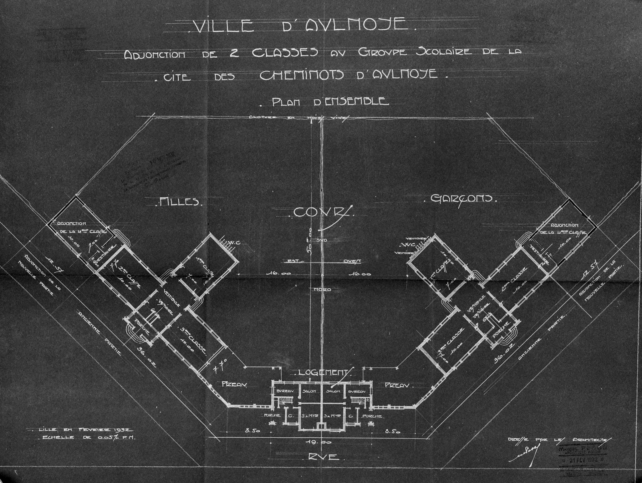 Agrandissement de l'école de cheminots. Adjonction de deux classes. Plan d'ensemble par Armand R. Normand et Marcel Pessé (1895-?), architectes, 1932 (AD Nord, série O ; 33/91).