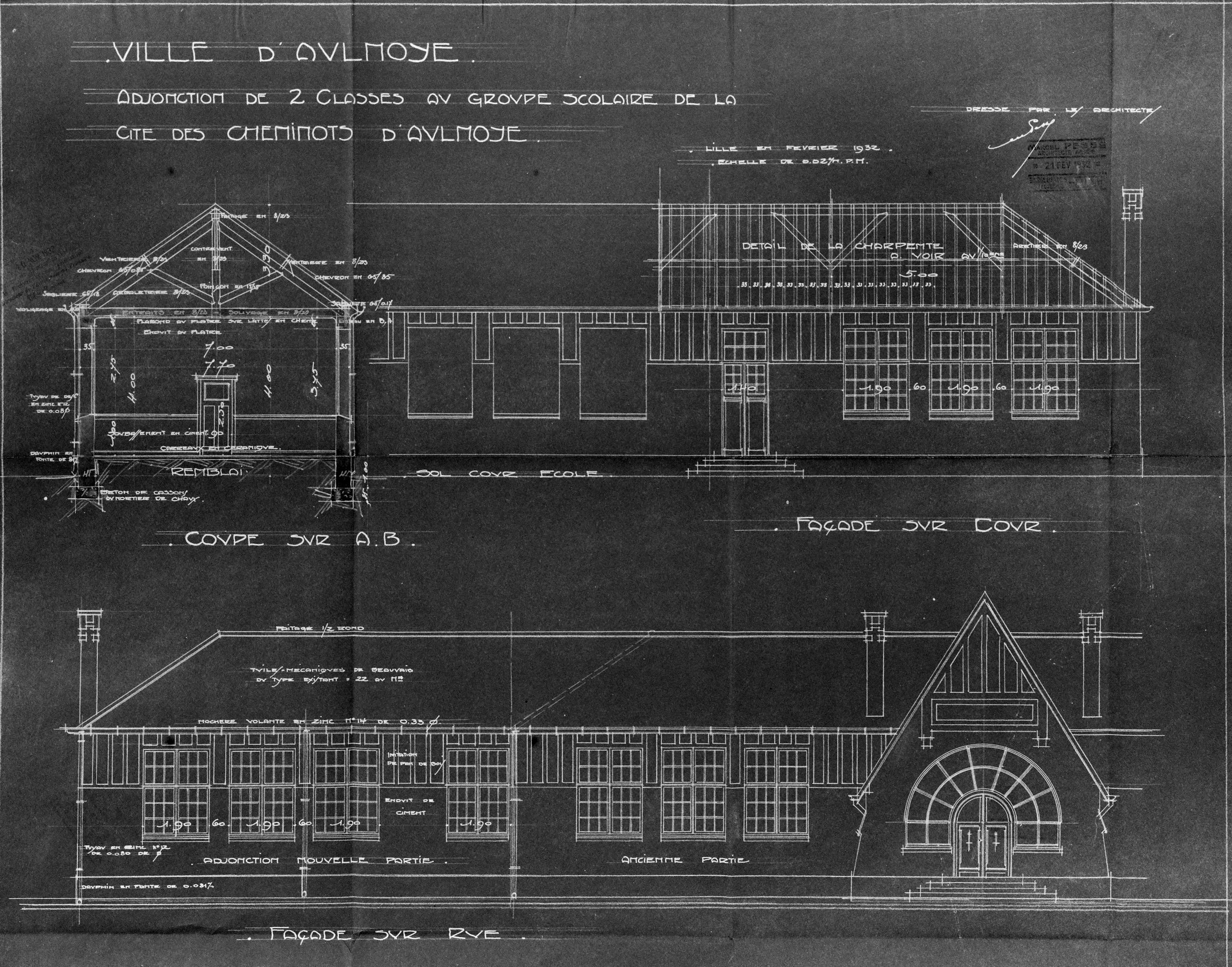 Agrandissement de l'école de cheminots, adjonction de deux classes. Coupe et élévation par Armand R. Normand et Marcel Pessé (1895-?), architectes, 1932 (AD Nord, série O ; 33/91).