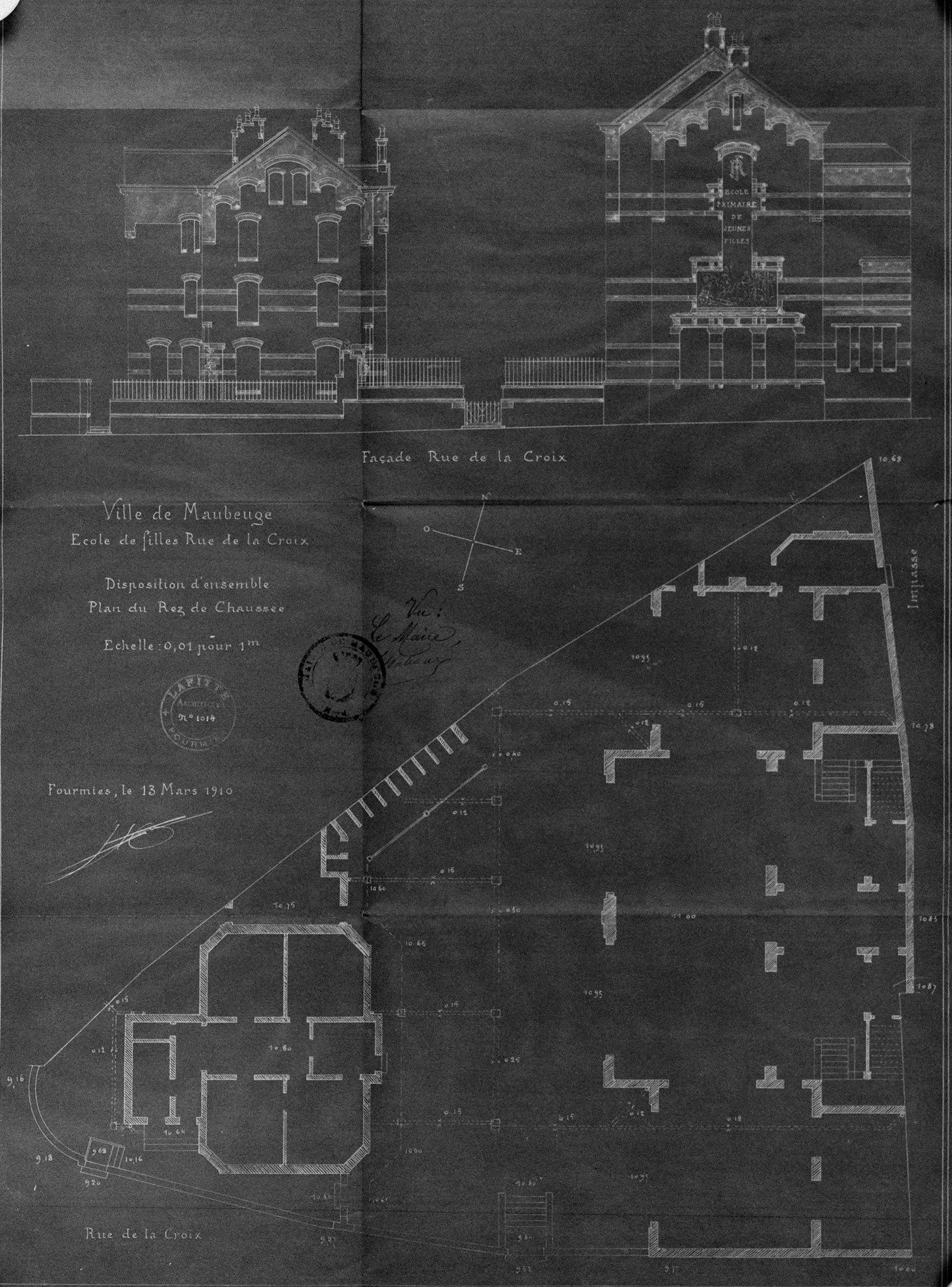 Plan d'ensemble et élévations sur la rue de la Croix de l'école primaire par Jean Lafitte (1853-1928) (architecte), 13 mars 1910 (AD Nord, série O ; 396/203).