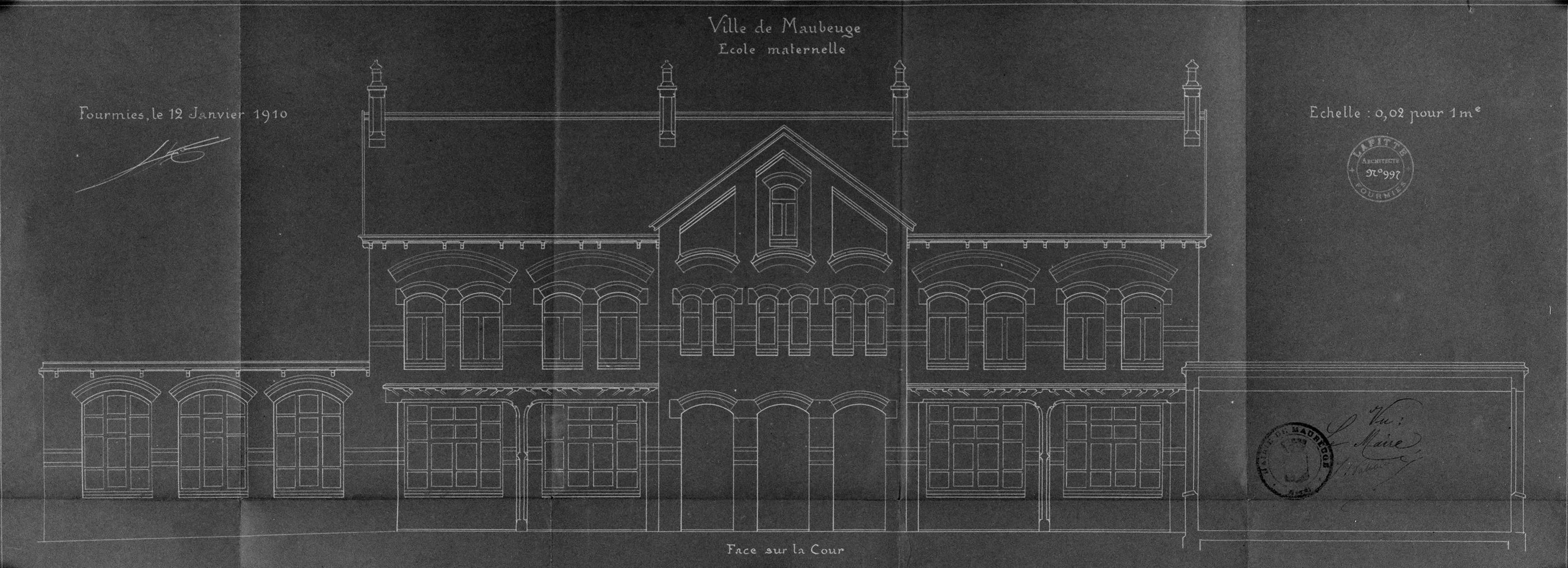 Elévation sur cour de l'école maternelle par Jean Lafitte (1853-1928) (architecte), 12 janvier 1910 (AD Nord, série O ; 396/203).