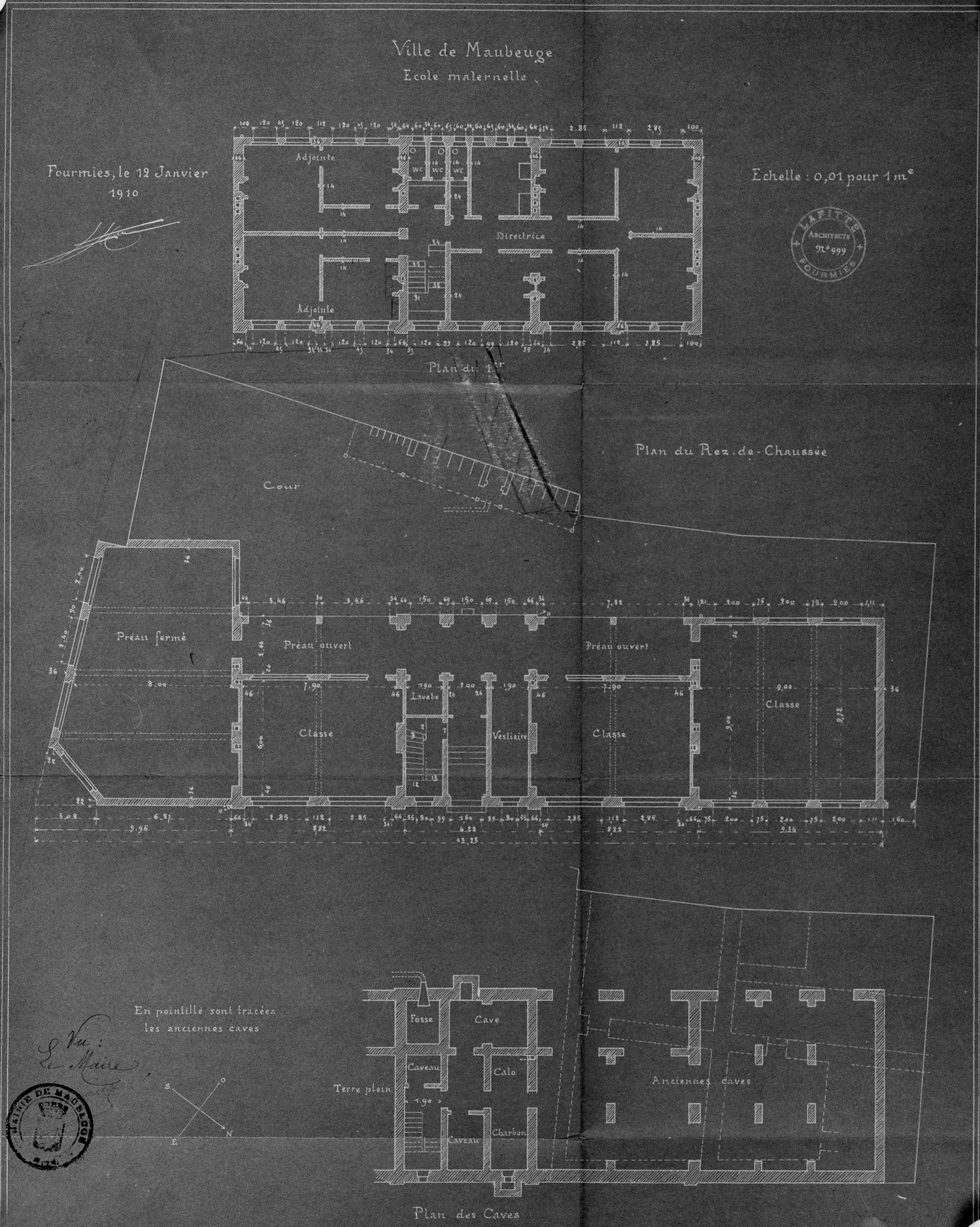 Plan des caves, du rez-de-chaussée et du premier étage de l'école maternelle par Jean Lafitte (185-1928), architecte, 12 janvier 1910 (AD Nord, série O ; 396/203).