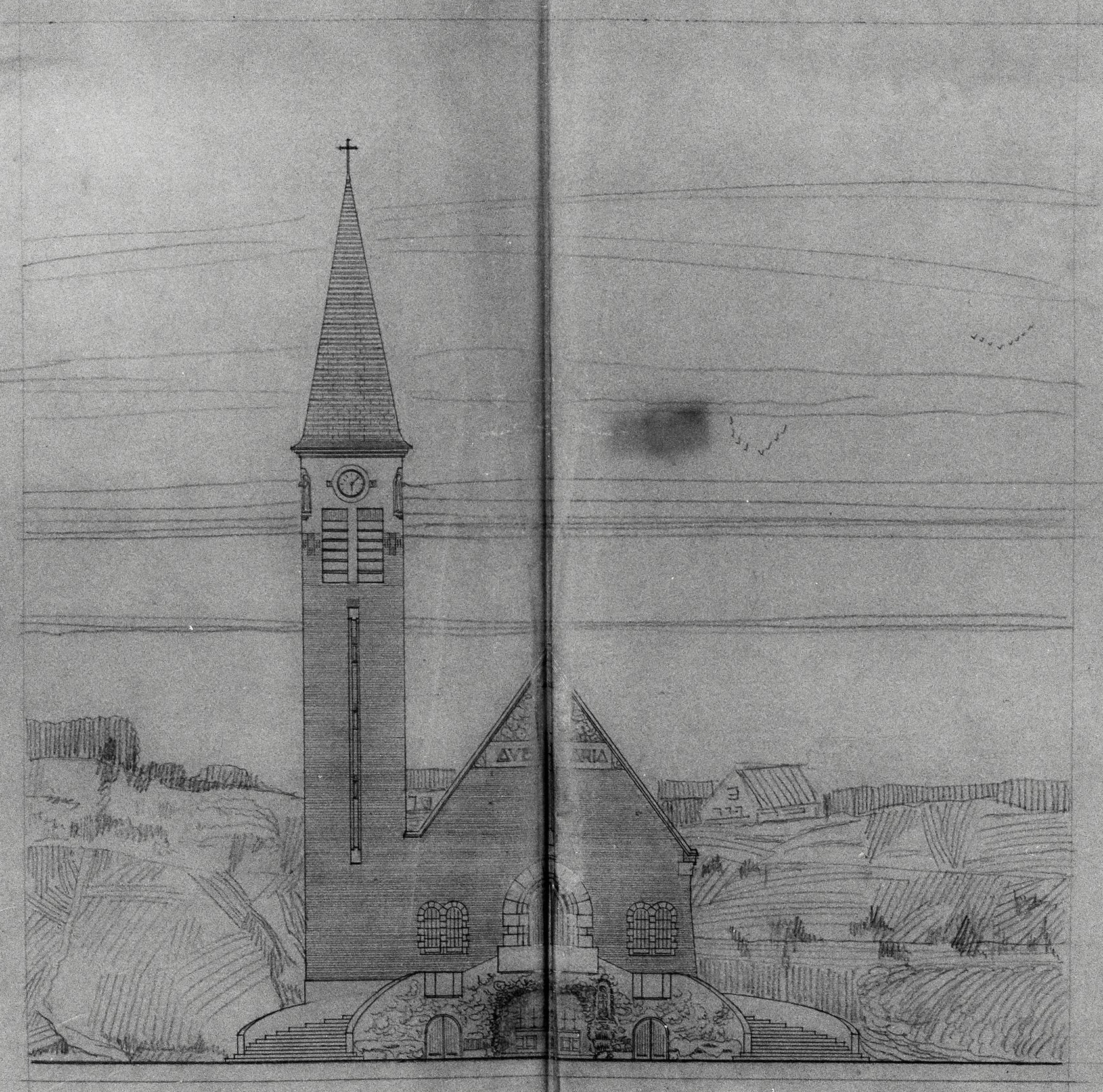 Projet de chapelle, élévation antérieure. Crayon sur calque, sans signature ni date (AD Nord ; fonds Vilain, 67J903).