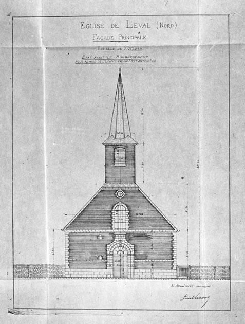 Élévation antérieure de l'église paroissiale Saint-Saulve avant son bombardement, en vue de sa remise en état. Plan de Paul Leroux (architecte), sans date (AD Nord ; O349/96).