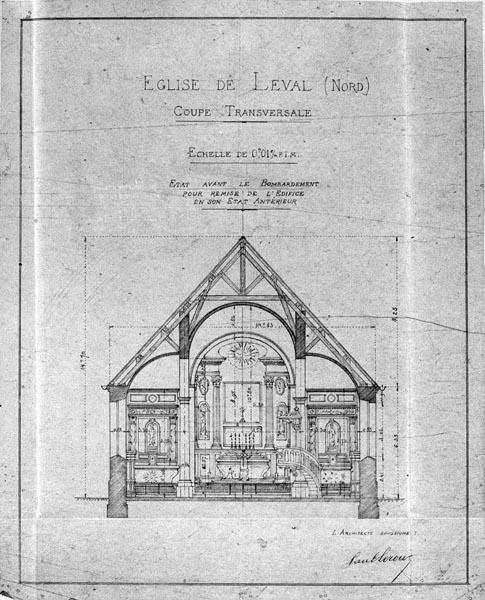 Coupe transversale de l'église paroissiale Saint-Saulve avant son bombardement, en vue de sa remise en état. Plan de Paul Leroux (architecte), sans date (AD Nord ; O349/96).