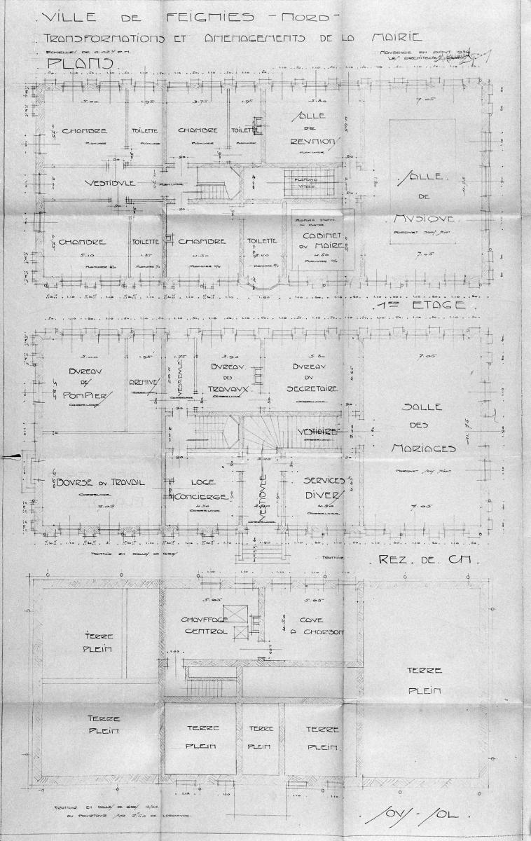 Plan de transformation et d'aménagement de la mairie, plan des niveaux, Normand et Pesses (architectes), 1936 (AD Nord ; O222/185). 