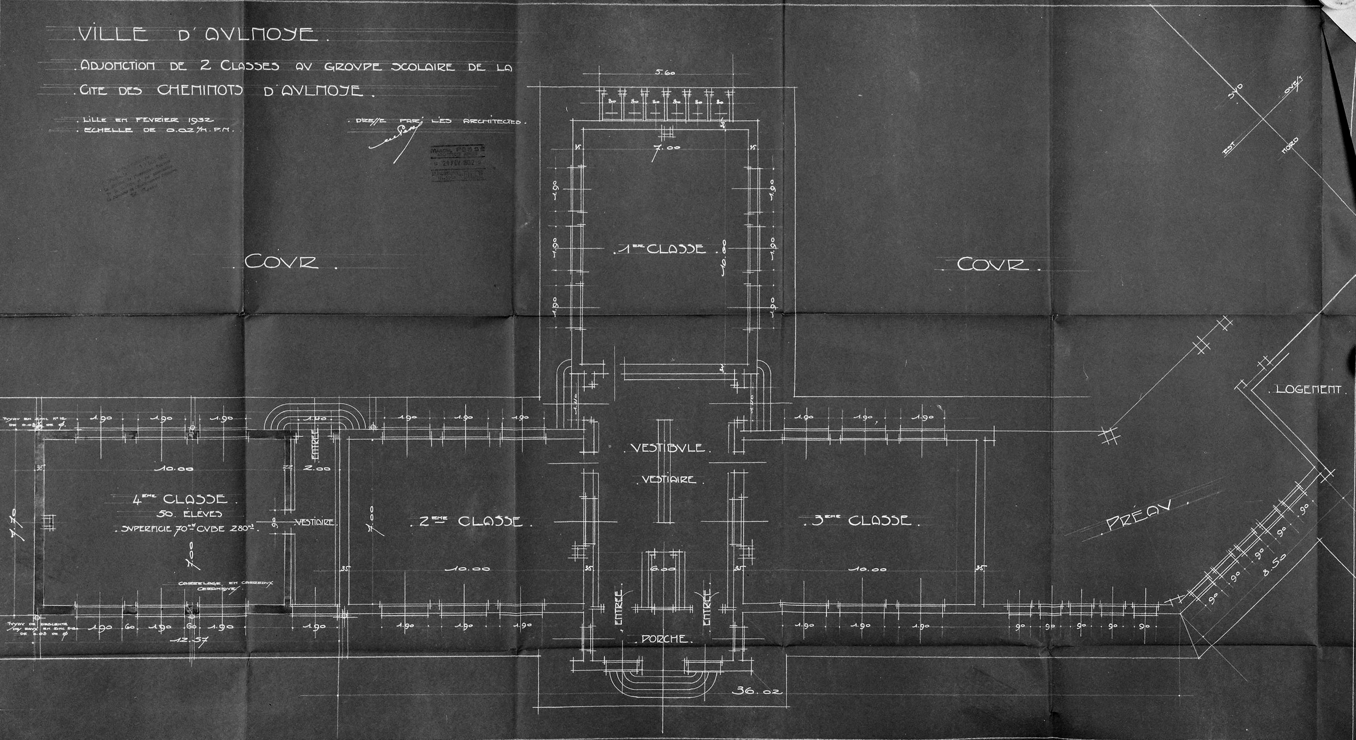 Agrandissement de l'école de cheminots, adjonction de deux classes. Plan de distributionpar Armand R. Normand et Marcel Pessé (1895-?), architectes, 1932 (AD Nord, série O ; 33/91).
