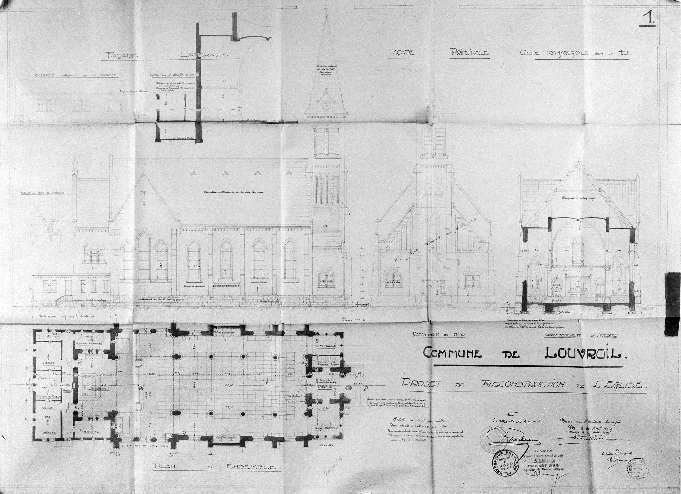 Élévation latérale, antérieure et coupe transversale par Paul Vilain (1860-1933), architecte, 9 août 1929 (AD Nord ; O 371/148).