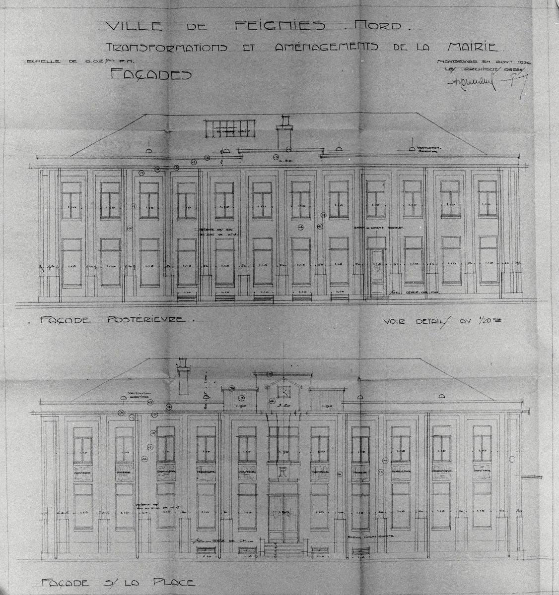 Élévations de la mairie : transformations et aménagements, Normand et Pesse (architectes), 1936 (AD Nord ; O222/185). 