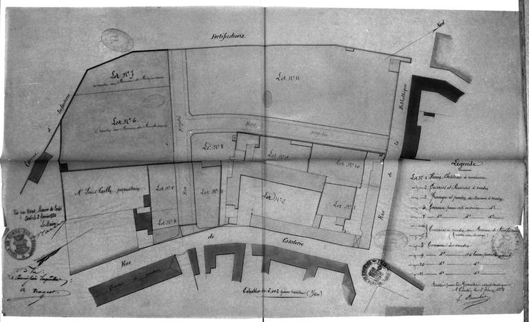 Projet de lotissement des terrains placés à l'arrière du château : plan du lotissement et tracé des rues projetées (rue du Maréchal de Croÿ, rue Faidherbe), 1884 (AD Nord).