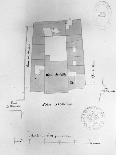 Acquisition à la veuve Duval de la maison faisant l'angle de l'actuelle rue Gambetta, plan de situation, 1837 (AD Nord).