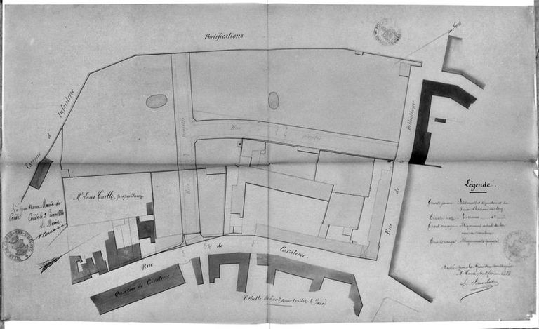 Projet de lotissement des terrains placés à l'arrière du château : plan parcellaire avant lotissement et tracé des rues projetées (rue du Maréchal- de-Croÿ, rue Faidherbe), 1884 (AD Nord).