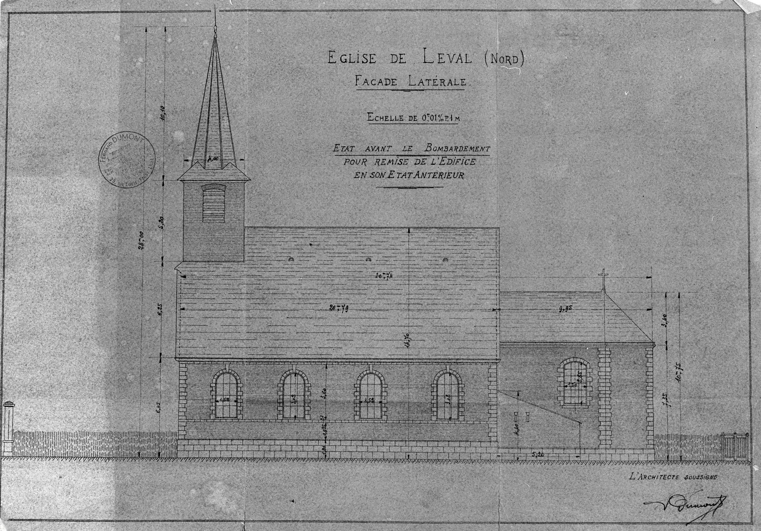 Copie du relevé fait par l'architecte Paul Leroux : élévation latérale de l'église paroissiale Saint-Saulve avant son bombardement, en vue de sa remise en état. Plan de Fernand Dumont (architecte communal), sans date (AC Leval ; dossier église).