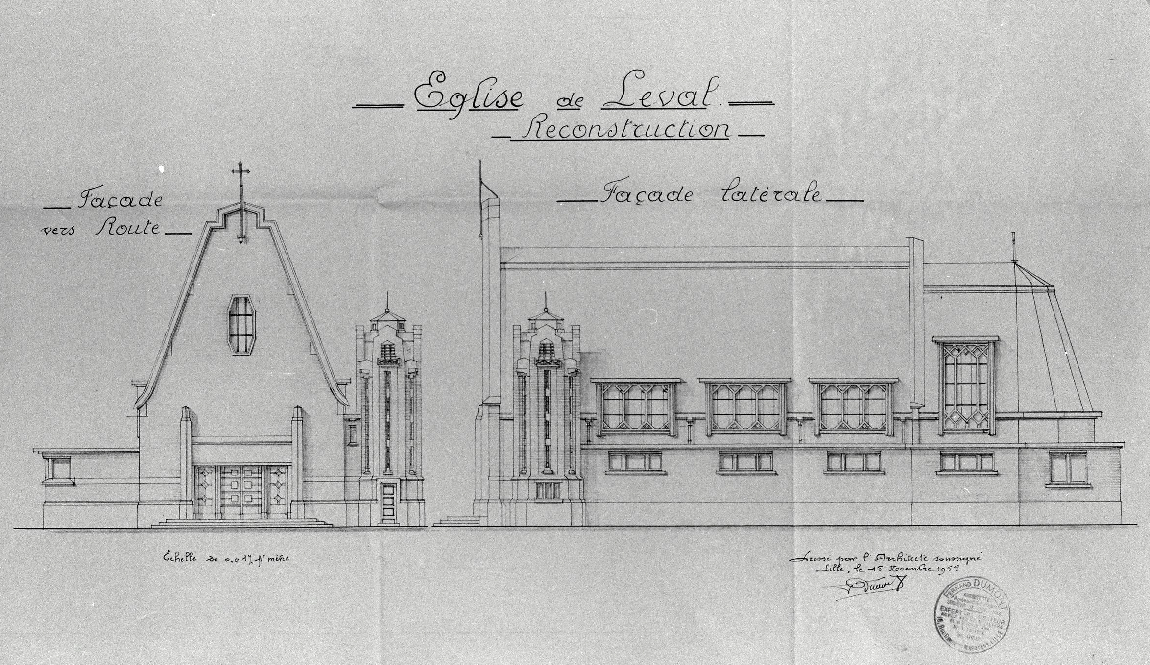 Élévation antérieure de la nouvelle église. Plan de Fernand Dumont (architecte communal), 15 novembre 1955 (AC Leval ; dossier église).