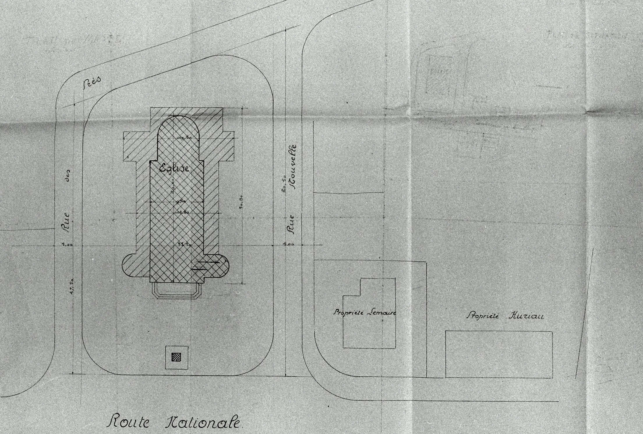 Plan de situation de la nouvelle église à construire par Fernand Dumont (architecte communal), [ca 1957-1958] (AC Leval ; dossier église).