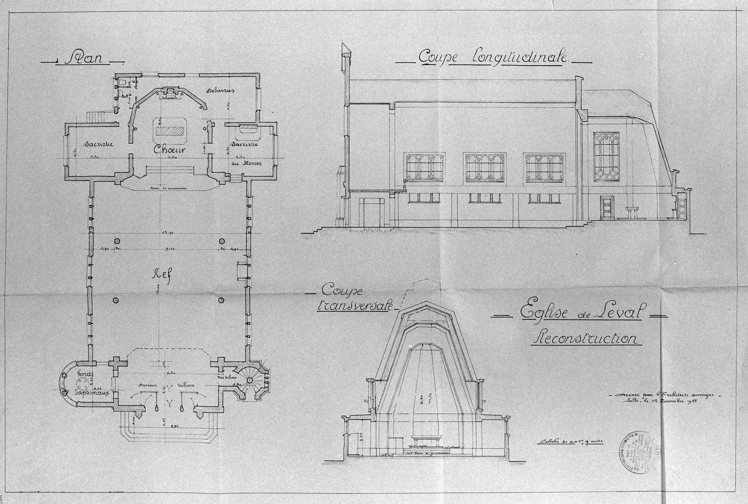 Plan, coupes longitudinale et transversale de la nouvelle église par Fernand Dumont (architecte communal), 15 novembre 1955 (AC Leval ; dossier église).