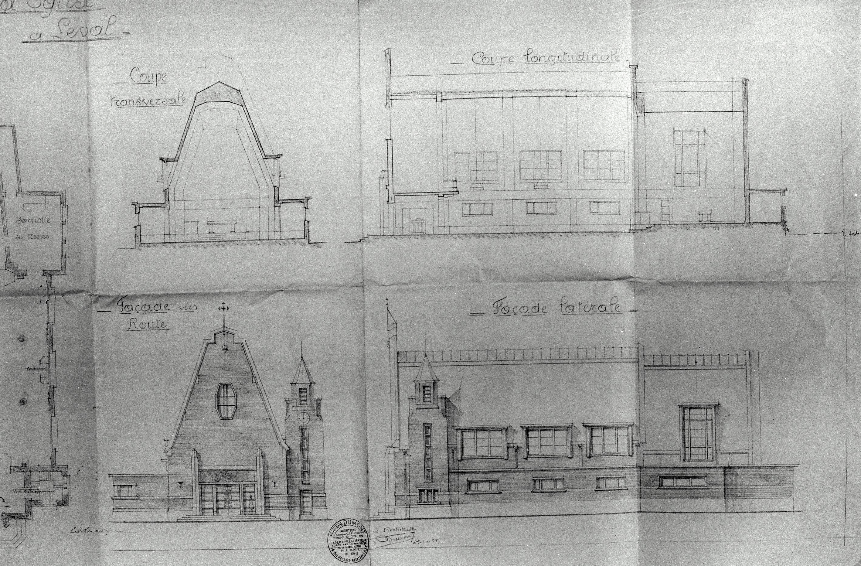 Élévations antérieure et latérale, coupes longitudinale et transversale de la nouvelle église par Fernand Dumont (architecte communal), 25 octobre 1955 (AC Leval ; dossier église).