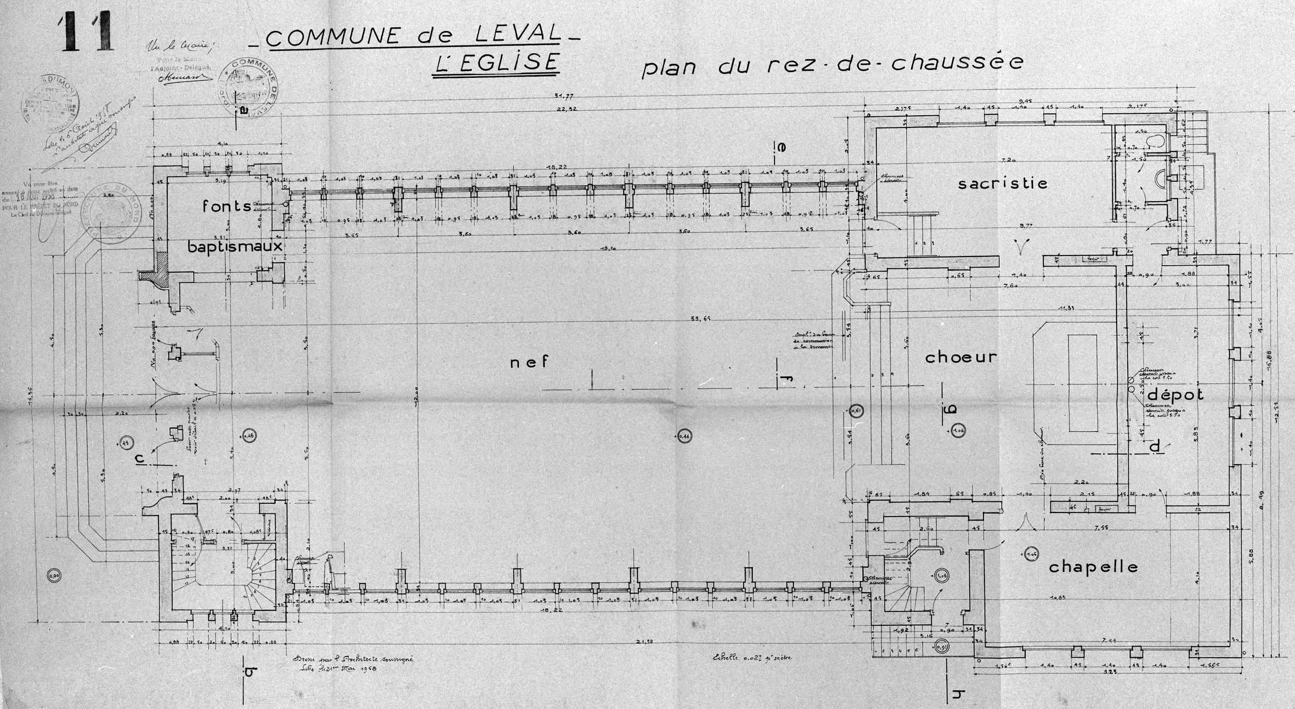 Plan de la nouvelle église par Fernand Dumont (architecte communal), 21 mai 1958 (AC Leval ; dossier église).