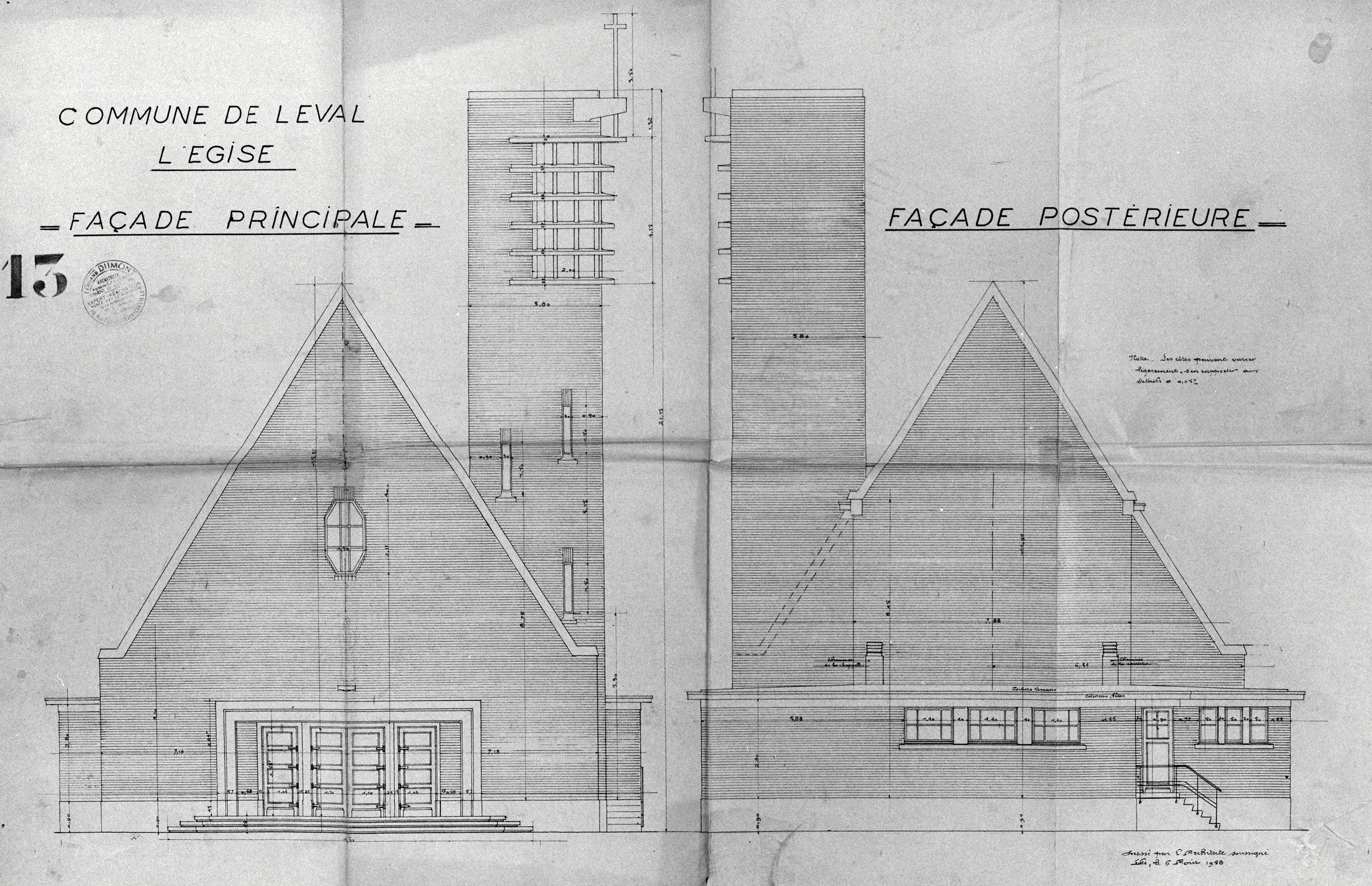 Élévations antérieure et postérieure de la nouvelle église. Plan de Fernand Dumont (architecte communal), 6 août 1958 (AC Leval ; dossier église).