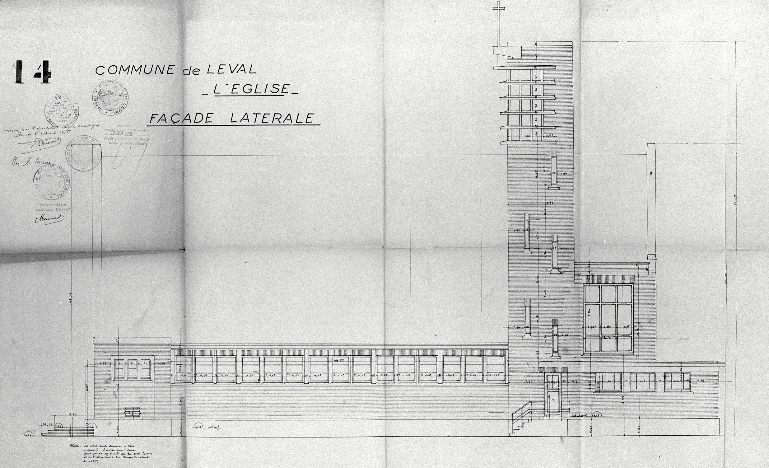 Elévation latérale de la nouvelle église ; plan 6 août 1958, Fernand Dumont (architecte communal). A.C. Leval : dossier église.