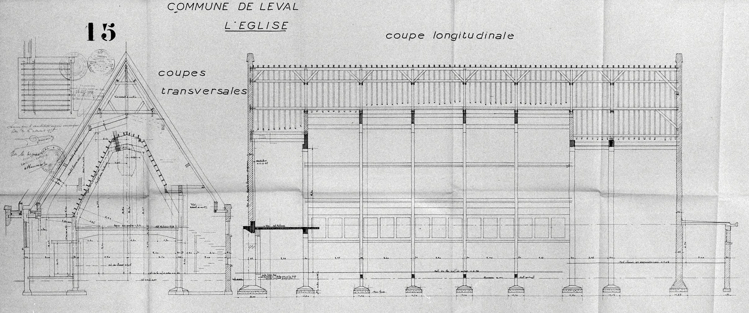 Coupes transversale et longitudinale de la nouvelle église. Plan de Fernand Dumont (architecte communal), 6 août 1959 (AC Leval ; dossier église).