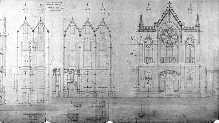 Détail des façades : élévation de travées sur le jardin et sur la rue et élévation de l'avant-corps central qui abrite la chapelle.
