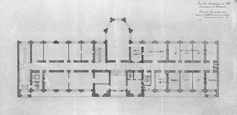 Plan de distribution du rez-de-chaussée avec indication de l'affectation des pièces de l'aile de la maternité.
