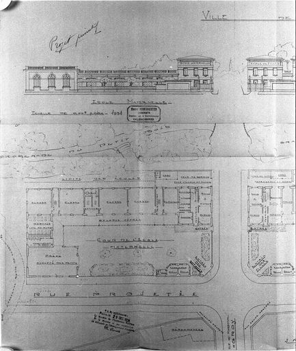 École maternelle, projet de 1931 : plan, élévation, projet général de groupe scolaire (AD Nord). ; Projet de 1931, non retenu (AD Nord).