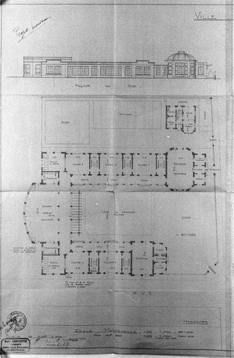 École maternelle, projet de 1934 : plan, élévation, projet général de groupe scolaire (AD Nord). ; Projet de 1934 (AD Nord).