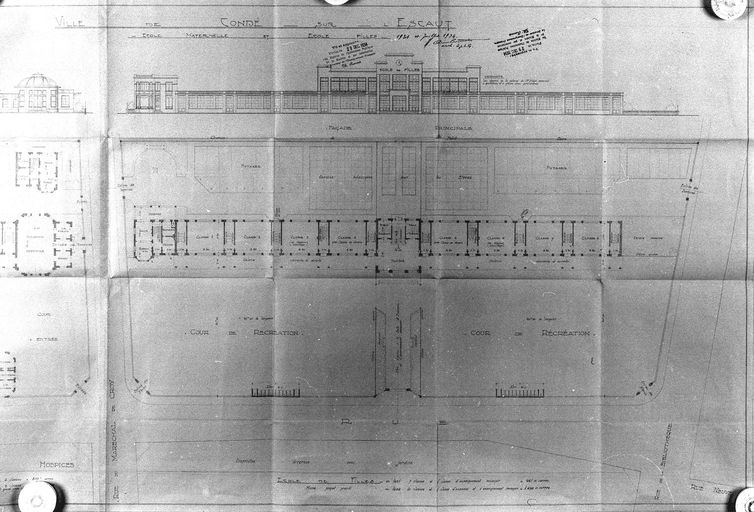 École de filles, projet de 1934 : plan, élévation, détail du projet général de groupe scolaire (AD Nord). ; Projet de 1934 (AD Nord).