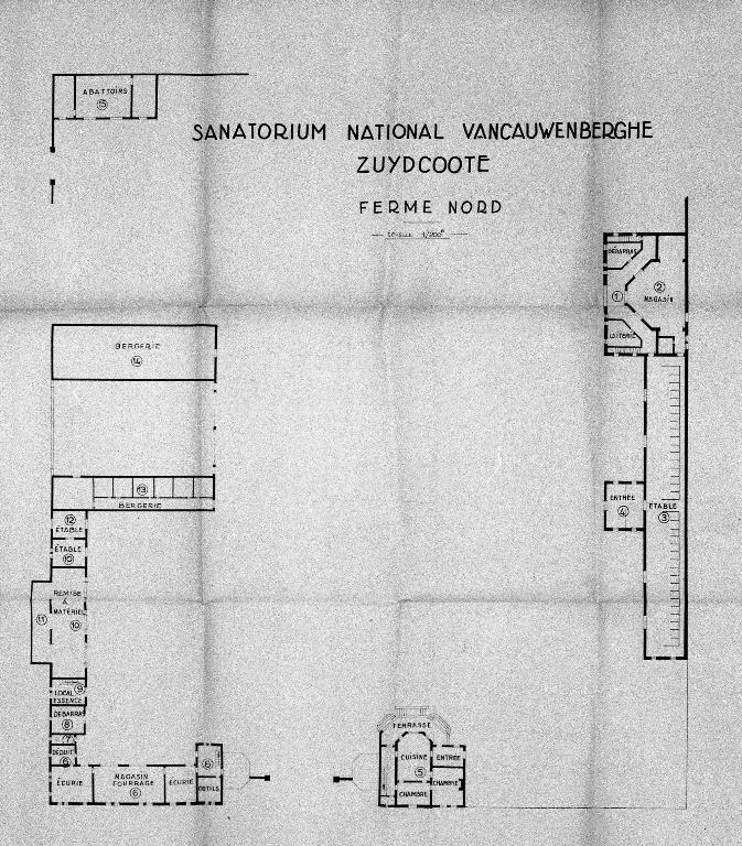 Plan de la ferme du Nord, plan de distribution du rez-de-chaussée. (Extrait du dossier de dommages de guerre, 2e reconstruction), ver 1950.