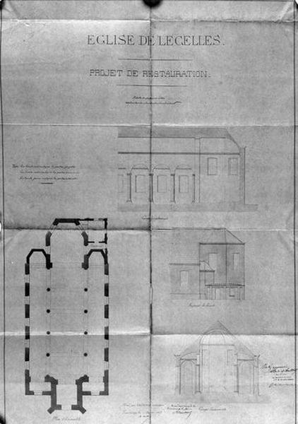 Projet de restauration de l'église, plan et coupes, 1867, Maillard architecte.