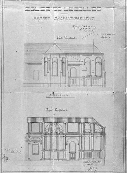 Projet de restauration de l'église, élévation et coupes latérales du second projet (adopté), 1867, Maillard architecte.