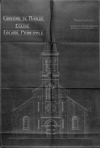 Projet de reconstruction de l'église. Elévation antérieure, Alfred Marsang architecte, 1922 (Archives départementales du Nord, série O 397/94).