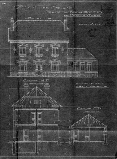 Projet de reconstruction du presbytère. Elévation antérieure et coupes, Alfred Marsang architecte, 1922 (Archives départementales du Nord, série O 397/94).