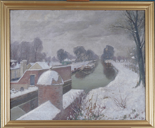 Tableau : Le Canal de Mons sous la neige (L'Escaut à Condé, effet de neige)