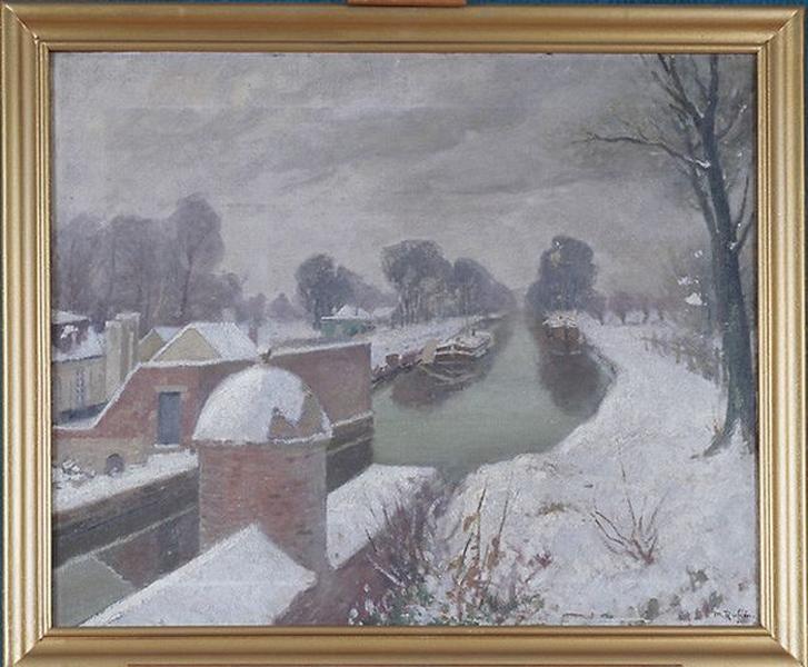 Tableau : Le Canal de Mons sous la neige (L'Escaut à Condé, effet de neige)