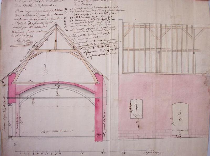 Coupe et élévation de la ferme sur le plan géométral, 1786.