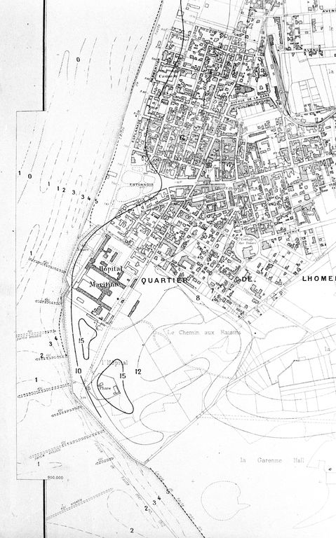 Extrait du plan de le ville de Berck, (partie inférieure, quartier de Lhomel) dressé en 1945 par Sarrazin, géomètre-expert, Ministère de la Reconstruction et de l'Urbanisme (AD Pas-de-Calais).