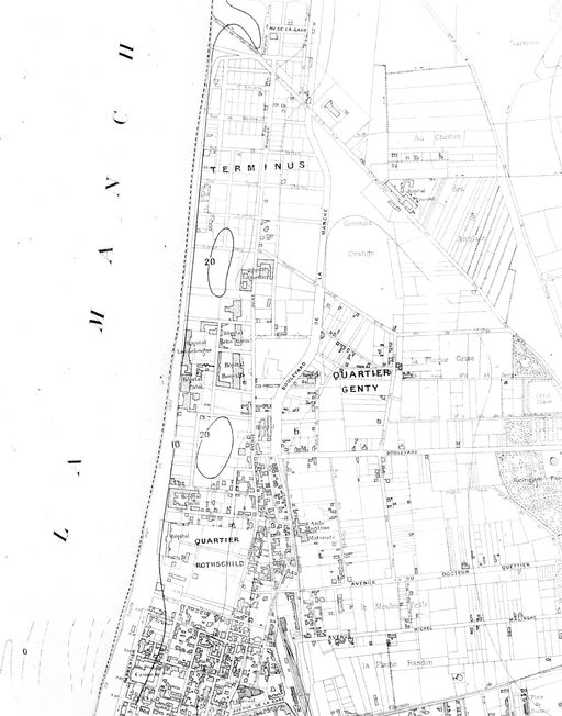 Extrait du plan de le ville de Berck, (partie centrale, quartier Genty, Terminus) dressé en 1945 par Sarrazin, géomètre-expert, Ministère de la Reconstruction et de l'Urbanisme (AD Pas-de-Calais).